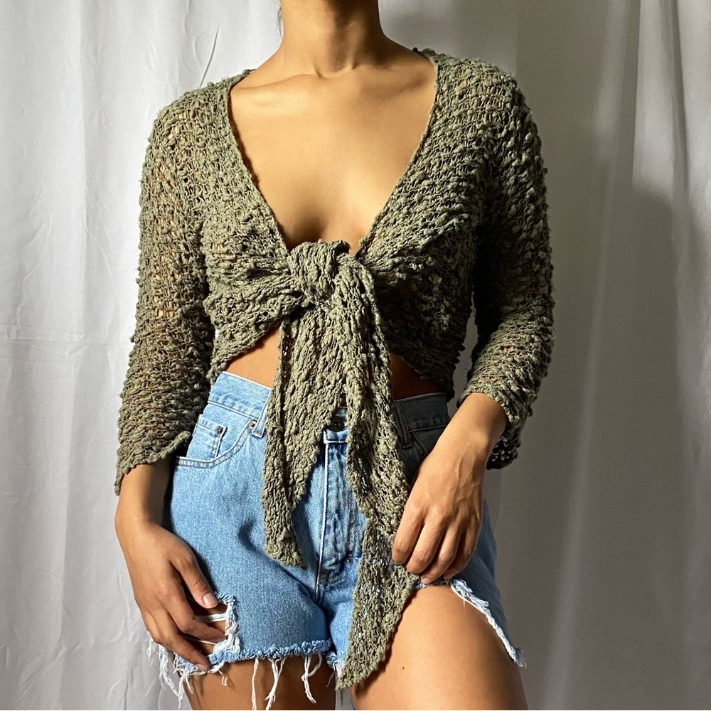 Olive green front tie knitted blouse size medium